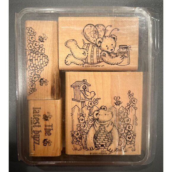 Stampin’ Up! Honey Honey Bear Wooden Block Stamps Retired‎ 4 Total With Case - Picture 1 of 5